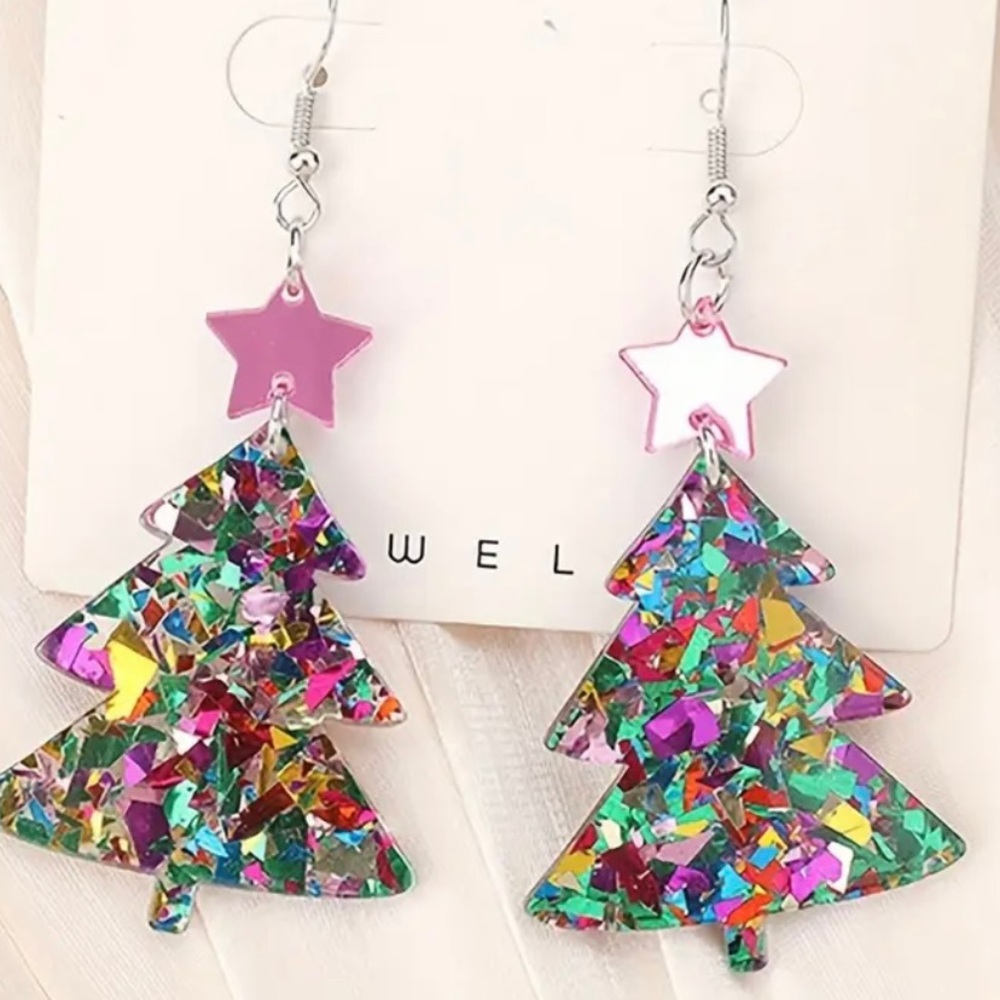 Christmas Tree Multi Colored Confetti Patterned Acrylic Dangle Earrings